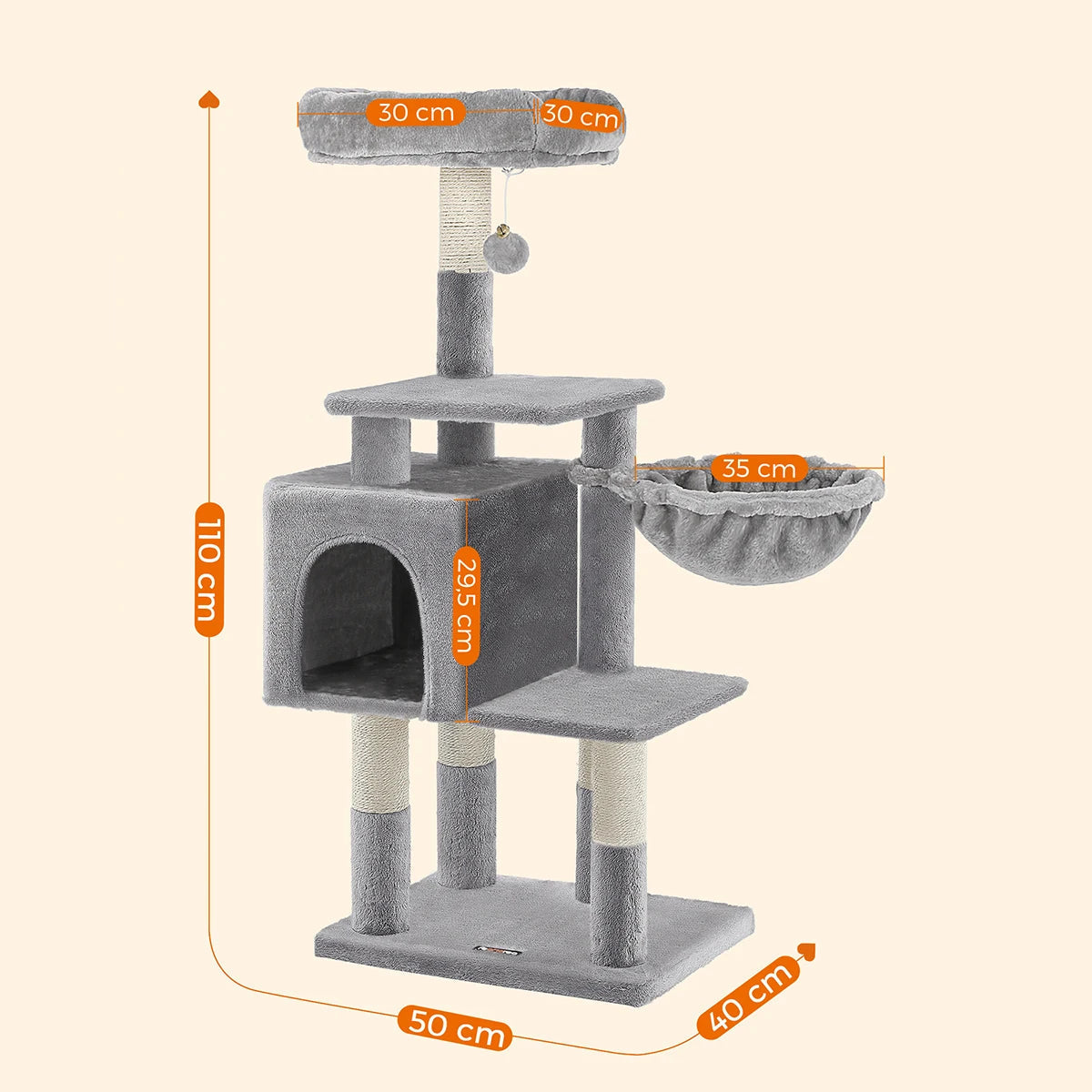 FEANDREA Multilevel Cat Tree, 110 cm Cat Tower, Light Grey Cat Condo PCT52W MonAmiFidèle