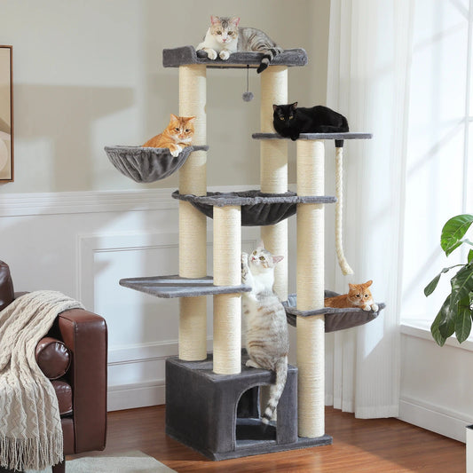 Tall Cat Tree with Condo Hammock Bed Large Cat Sisal Scratching Post for Indoor Multi-Level Cat Tower with Plush Perch Play Ball MonAmiFidèle