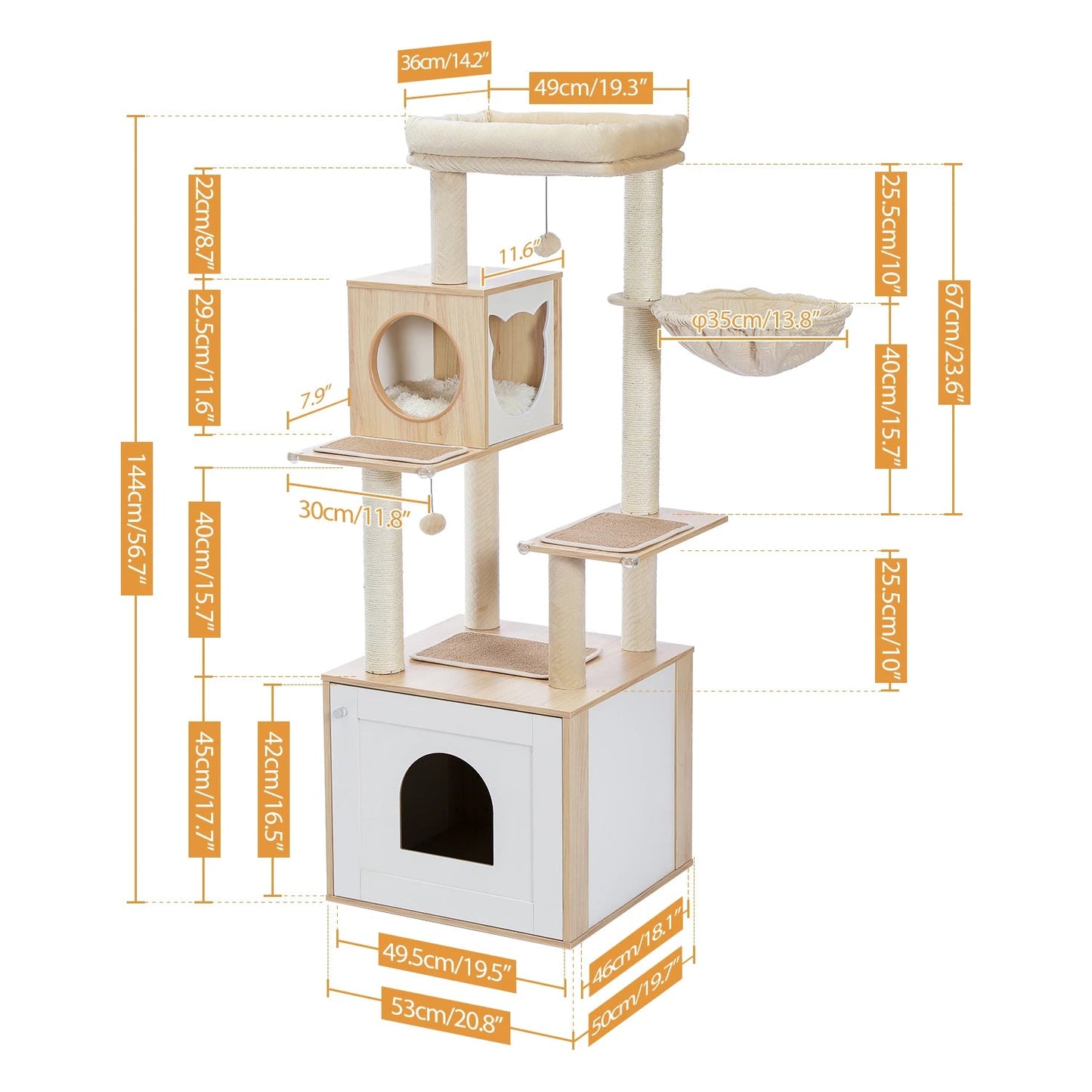 Cat Tree Tower Litter Box Wood Structure Storage with Hammock,Comfy Condo,Anti-Slip Mat,Large Cabinet,Big Platform,Sisal Posts MonAmiFidèle