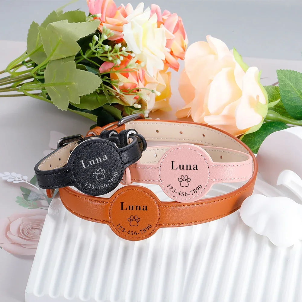 Personalized Pet Collar Leather Anti-lost Collar For Airtag Location Tracker Protective Case For AirTag Adjustable Design MonAmiFidèle