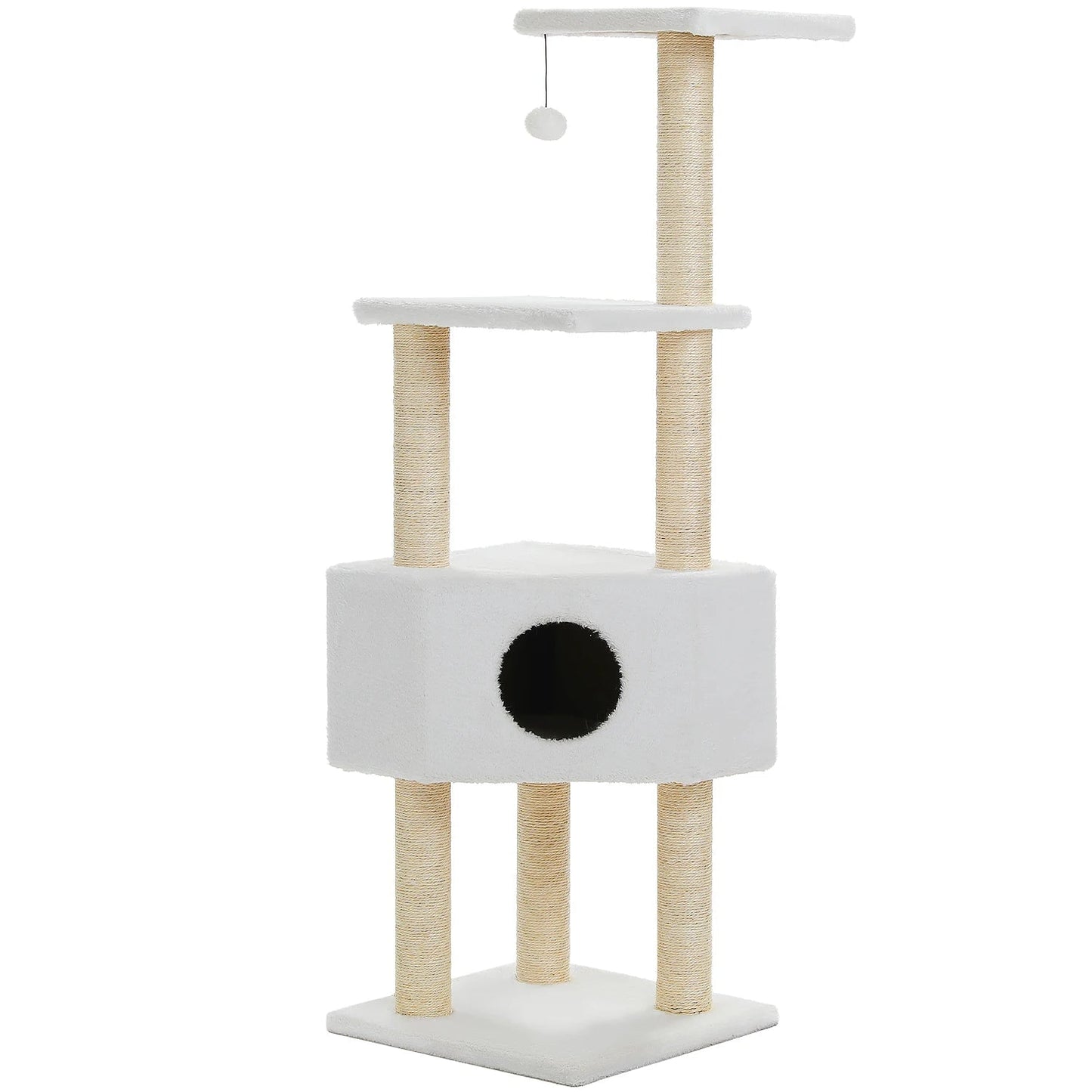 4 Level 130 cm Beige Cat Tree Tower with Natural Sisal Ropes,Spacious Cozy Condo and Playful Pompom Suitbale for 1-3 Indoor Cats MonAmiFidèle