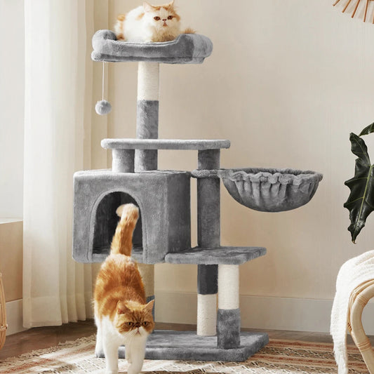 FEANDREA Multilevel Cat Tree, 110 cm Cat Tower, Light Grey Cat Condo PCT52W MonAmiFidèle