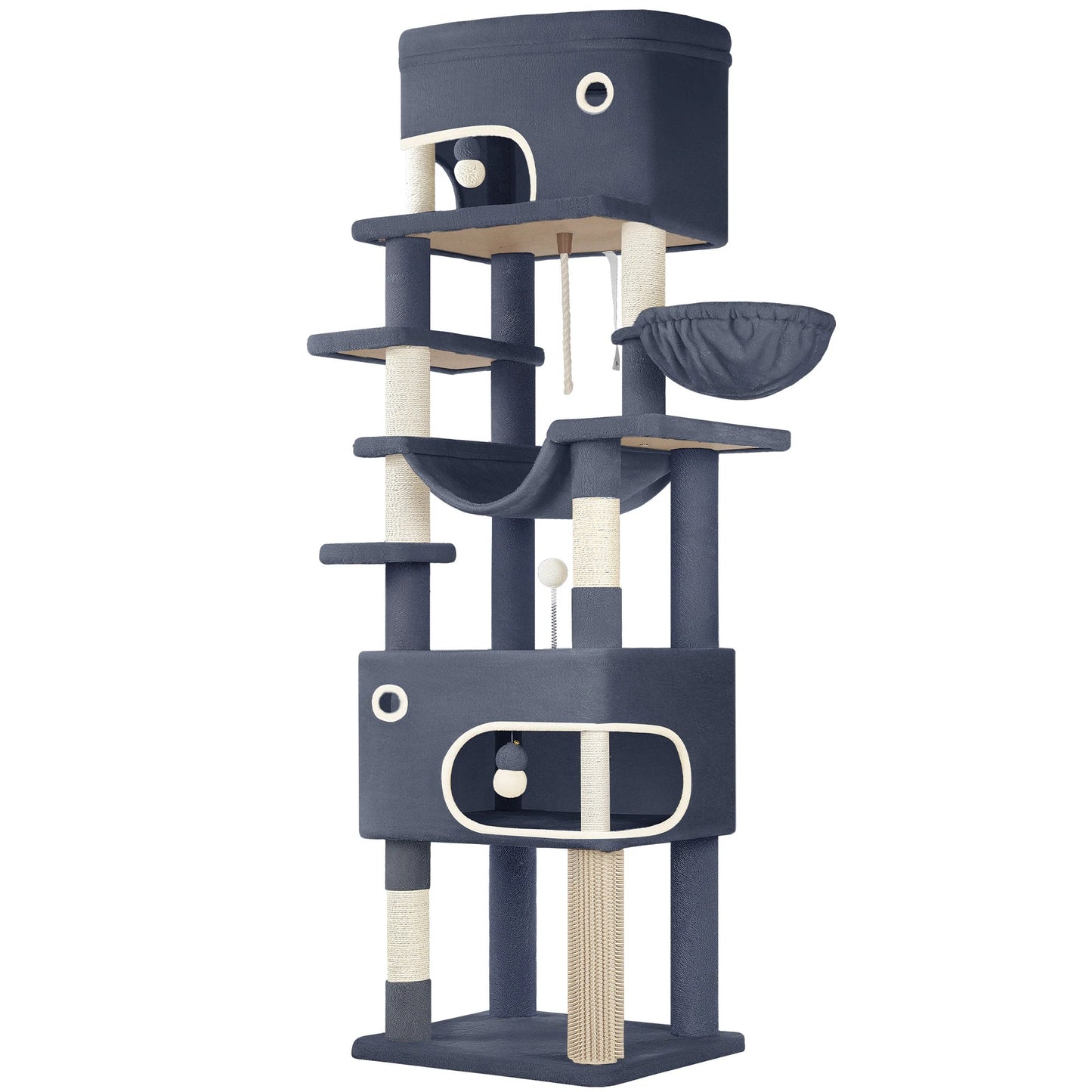 Hzuaneri Cat Scratching Post with Large Platform, 2 Caves, 7 Scratching Posts, Pompoms, Loungers, Hammock MonAmiFidèle