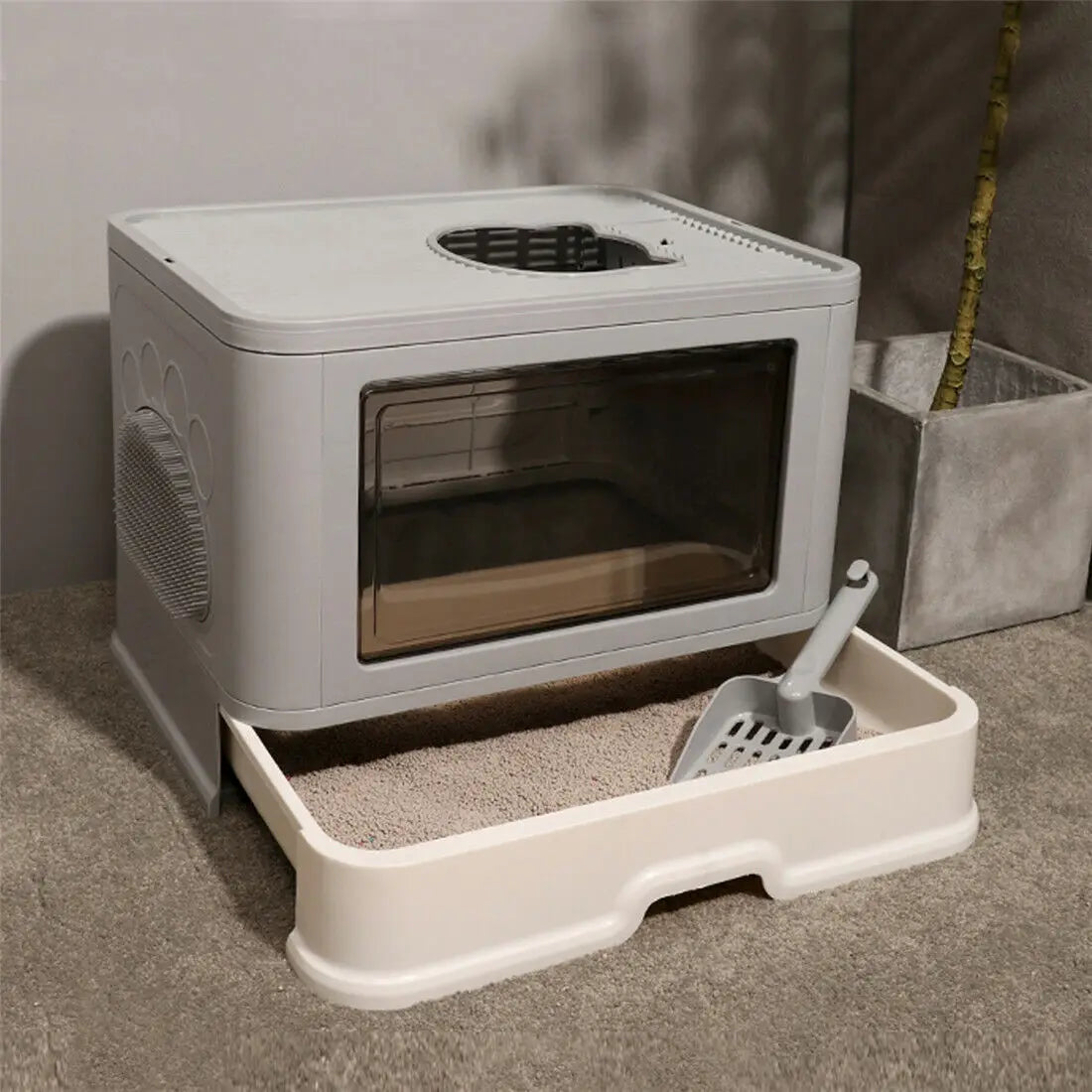 Foldable Cat Litter Box Front Entry & Top Exit Toilet Boxes with Massager Litter Scoop Enclosed Foldable Kitty Toilet MonAmiFidèle