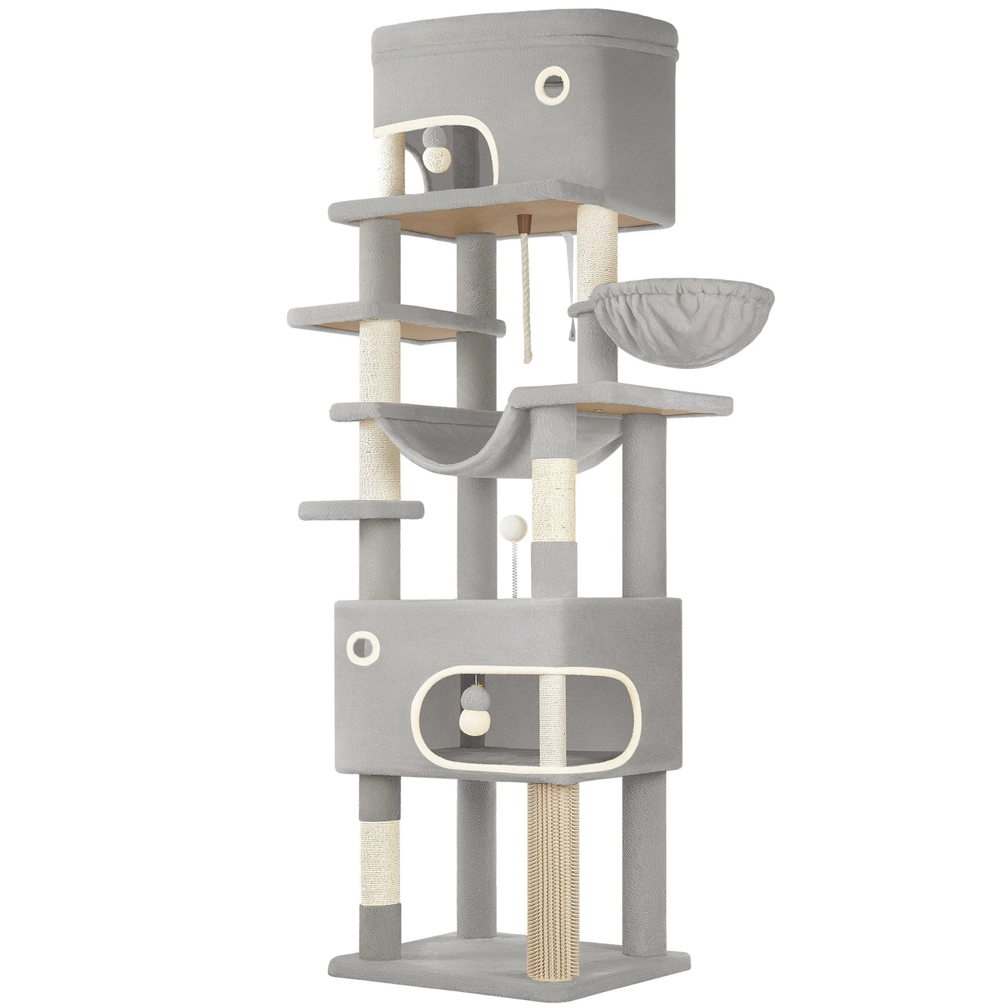 Hzuaneri Cat Scratching Post with Large Platform, 2 Caves, 7 Scratching Posts, Pompoms, Loungers, Hammock MonAmiFidèle