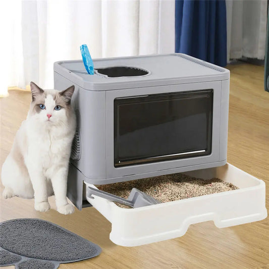 Foldable Cat Litter Box Front Entry & Top Exit Toilet Boxes with Massager Litter Scoop Enclosed Foldable Kitty Toilet MonAmiFidèle