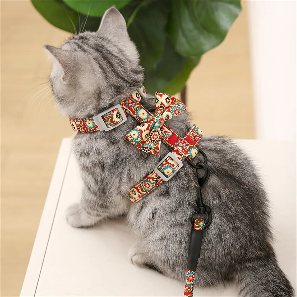 Harnais Laisse Chat Motif Fleur/Cerise MonAmiFidèle