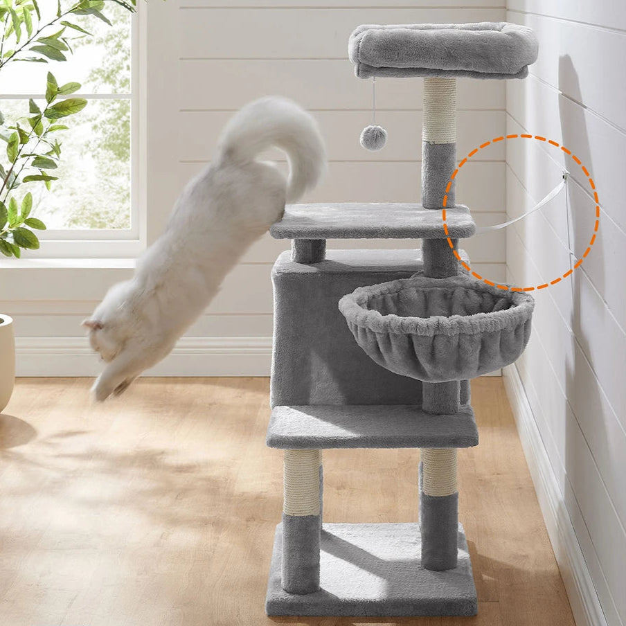 FEANDREA Multilevel Cat Tree, 110 cm Cat Tower, Light Grey Cat Condo PCT52W MonAmiFidèle