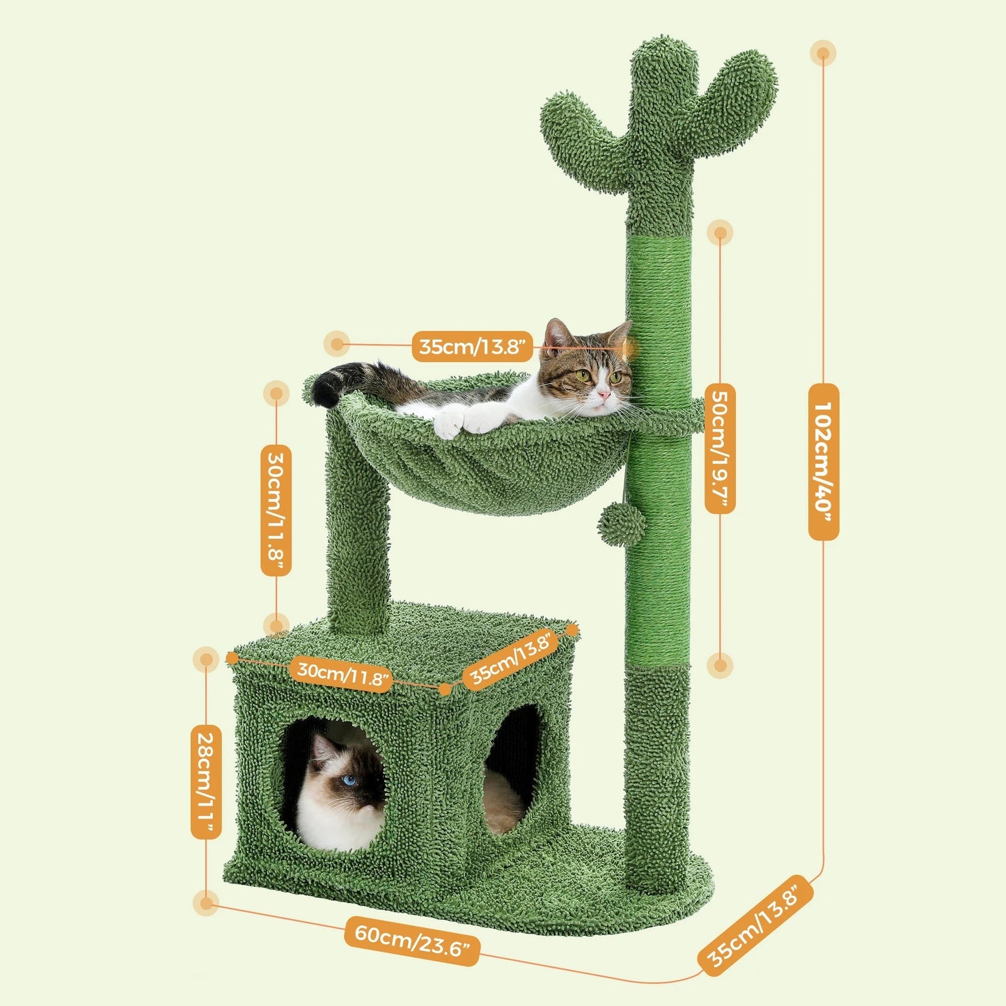 Cactus Cat Tree with Lagre Condo, Hammock, Dangling Ball, Small Cat Tower, Cat Scratching Post for Indoor, Cat Toys MonAmiFidèle