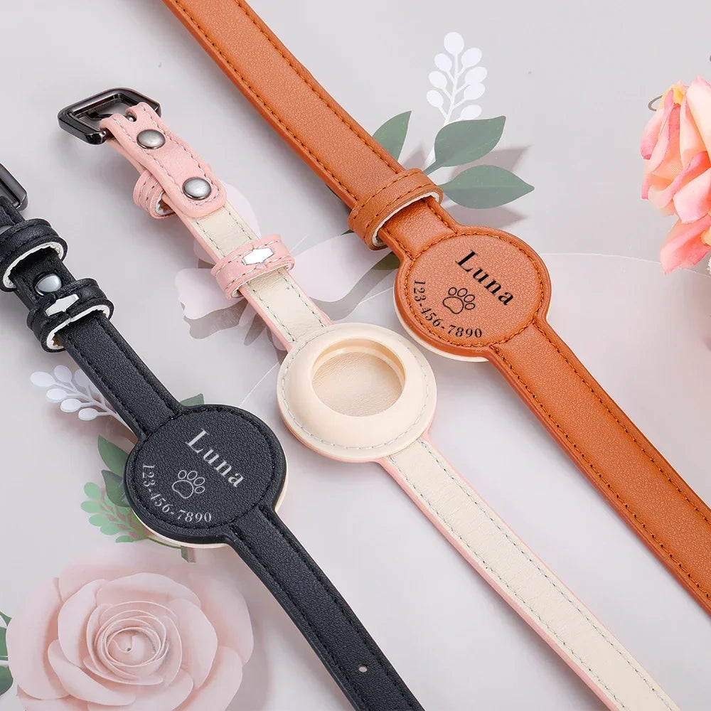 Personalized Pet Collar Leather Anti-lost Collar For Airtag Location Tracker Protective Case For AirTag Adjustable Design MonAmiFidèle