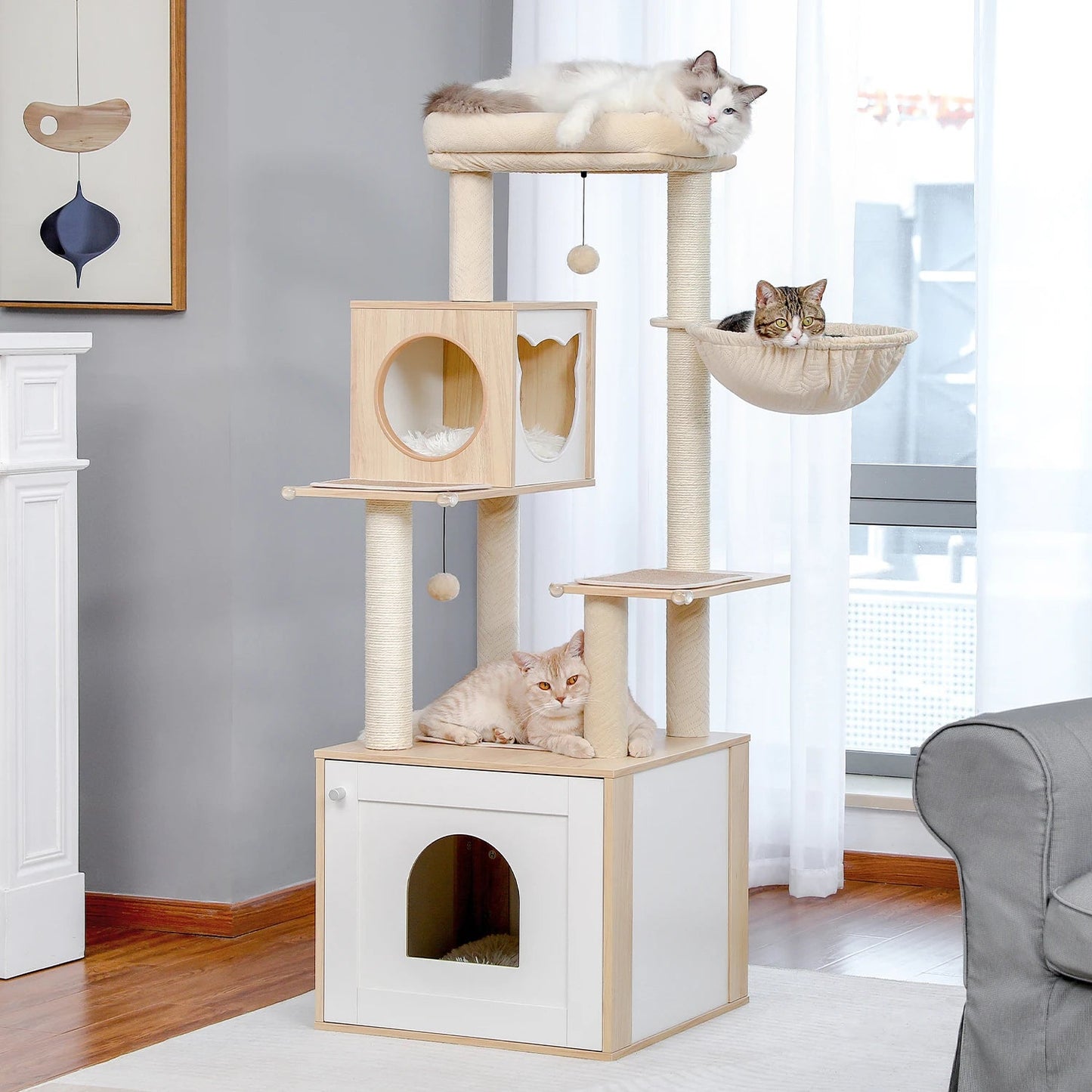 Cat Tree Tower Litter Box Wood Structure Storage with Hammock,Comfy Condo,Anti-Slip Mat,Large Cabinet,Big Platform,Sisal Posts MonAmiFidèle