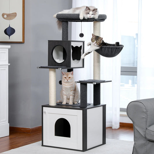 Cat Tree Tower Litter Box Wood Structure Storage with Hammock,Comfy Condo,Anti-Slip Mat,Large Cabinet,Big Platform,Sisal Posts MonAmiFidèle