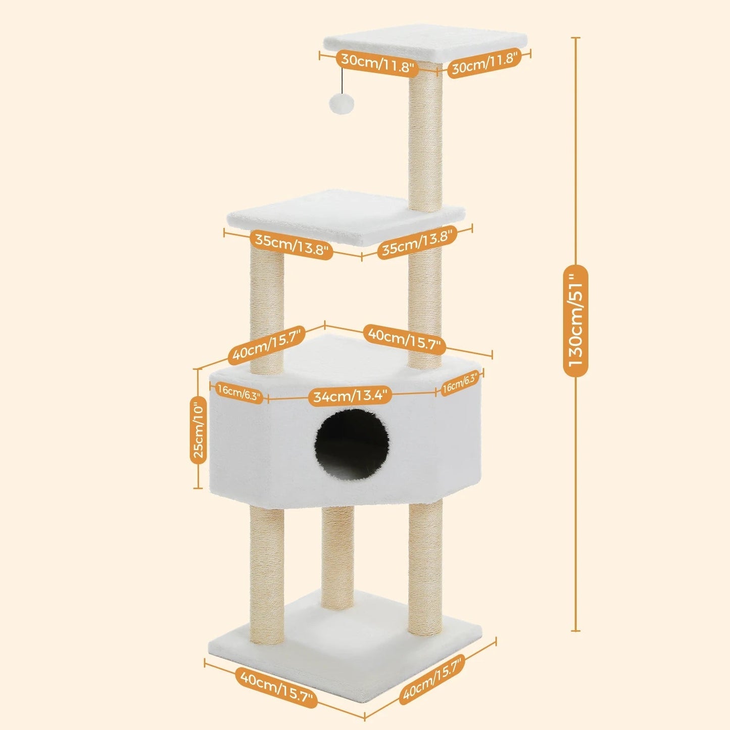 4 Level 130 cm Beige Cat Tree Tower with Natural Sisal Ropes,Spacious Cozy Condo and Playful Pompom Suitbale for 1-3 Indoor Cats MonAmiFidèle
