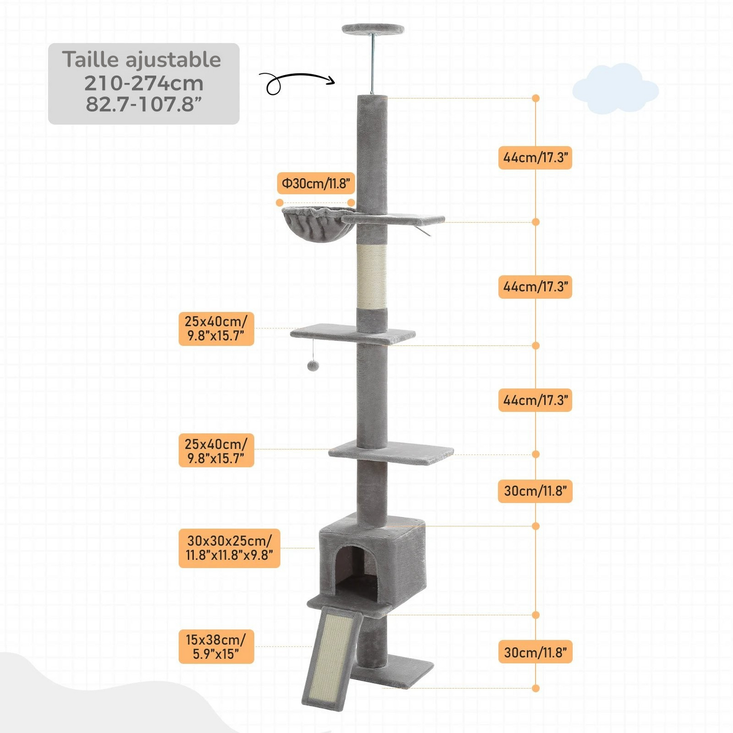 Modern Adjustable 210-274cm Cat Tree Tower Floor-to-Ceiling 5-Tier with Condo Perches Scratching Posts Ladders for Indoor Cats MonAmiFidèle
