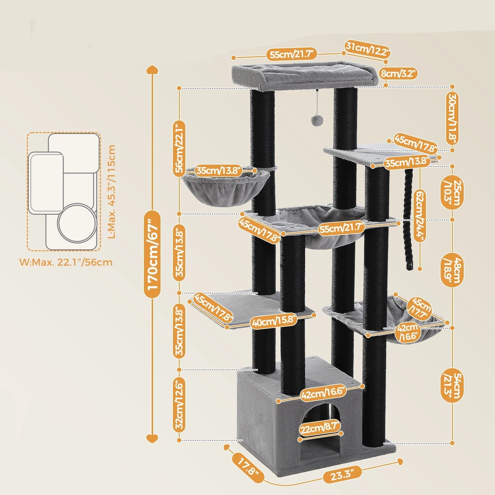 Tall Cat Tree with Condo Hammock Bed Large Cat Sisal Scratching Post for Indoor Multi-Level Cat Tower with Plush Perch Play Ball MonAmiFidèle