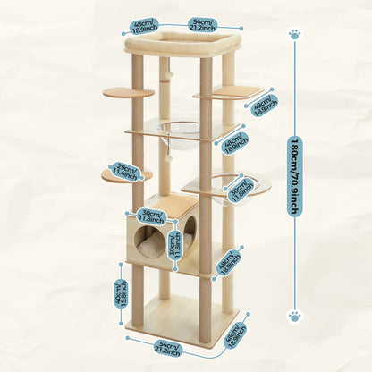 Multi-Level Cat Tree for Indoor Wood Cat Tower with Scratching Posts Spacious Condo Hammock Top Perch Cat Scratcher Cat Toys MonAmiFidèle