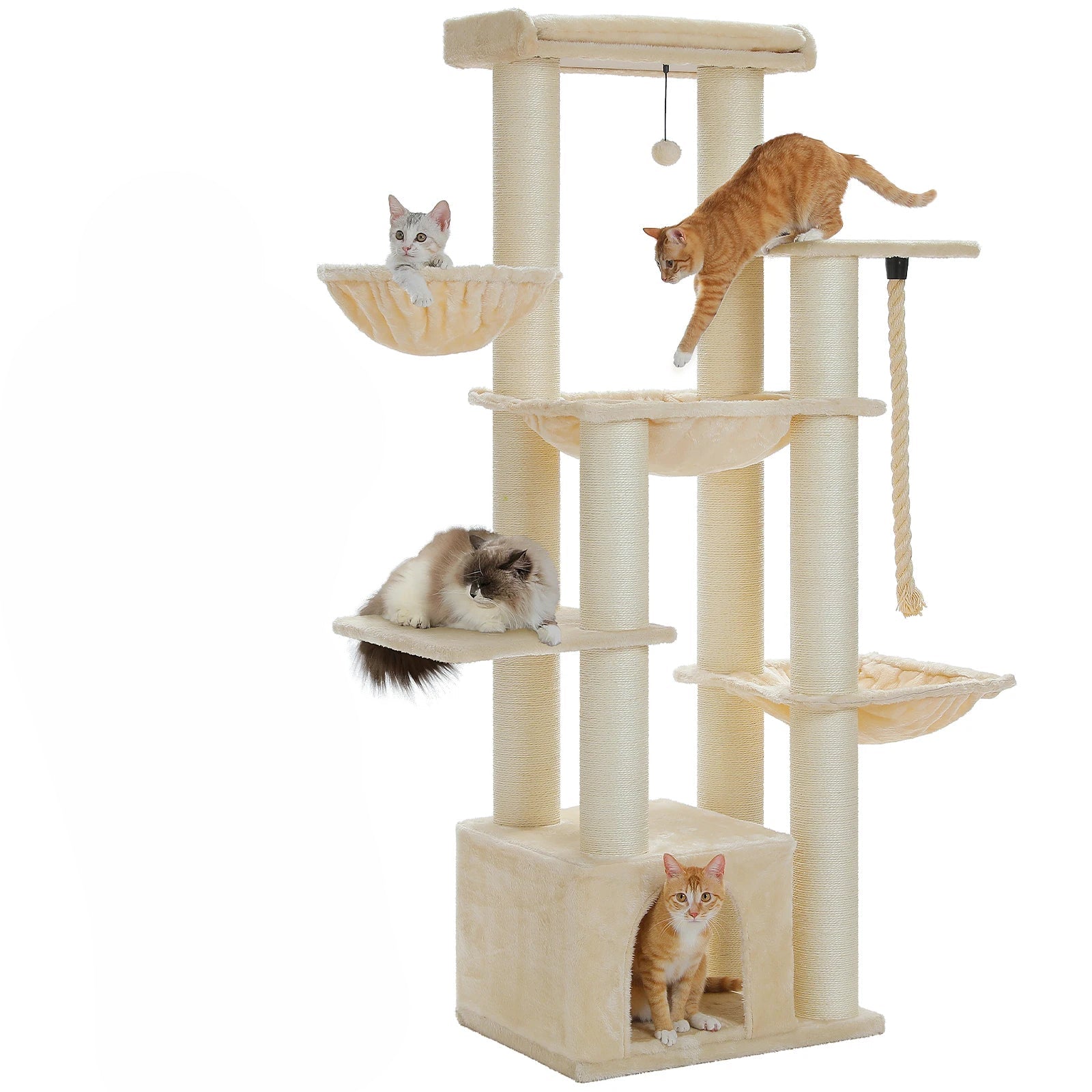 Tall Cat Tree with Condo Hammock Bed Large Cat Sisal Scratching Post for Indoor Multi-Level Cat Tower with Plush Perch Play Ball MonAmiFidèle