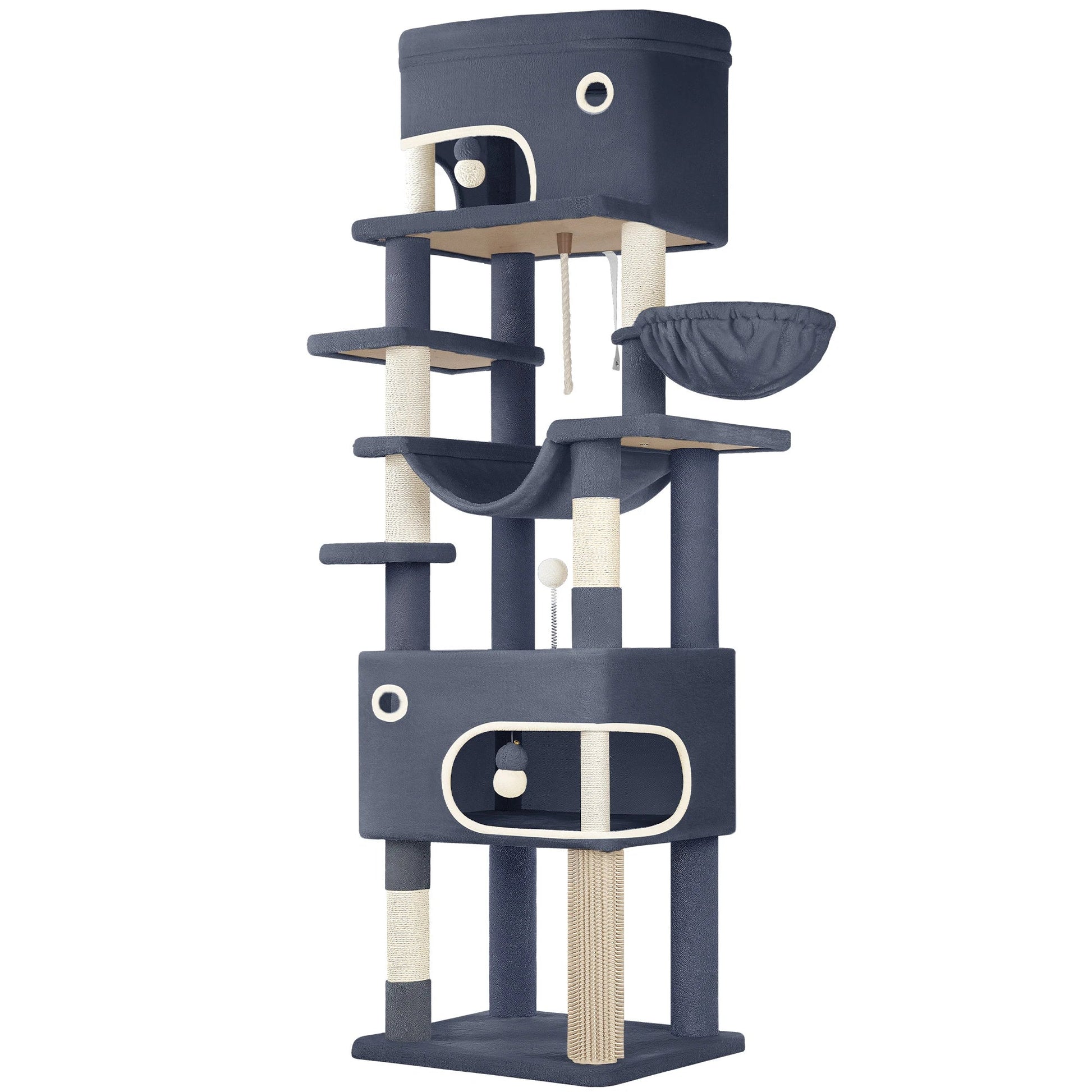 Hzuaneri Cat Scratching Post with Large Platform, 2 Caves, 7 Scratching Posts, Pompoms, Loungers, Hammock MonAmiFidèle