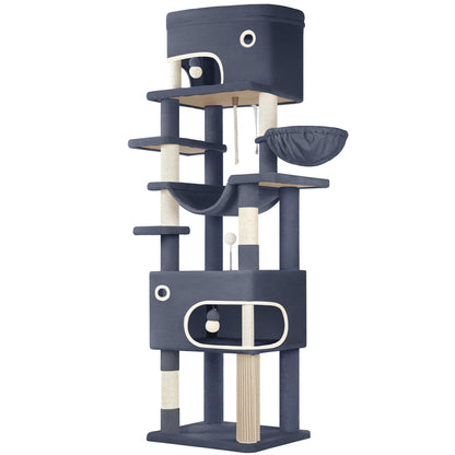 Hzuaneri Cat Scratching Post with Large Platform, 2 Caves, 7 Scratching Posts, Pompoms, Loungers, Hammock MonAmiFidèle