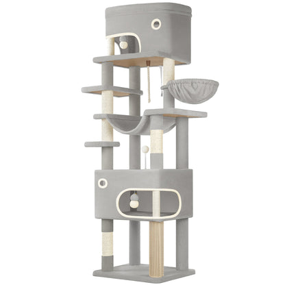 Hzuaneri Cat Scratching Post with Large Platform, 2 Caves, 7 Scratching Posts, Pompoms, Loungers, Hammock MonAmiFidèle