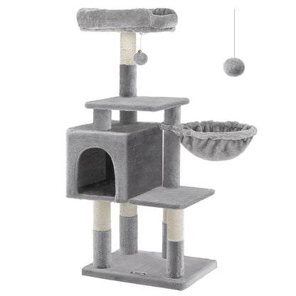 FEANDREA Multilevel Cat Tree, 110 cm Cat Tower, Light Grey Cat Condo PCT52W MonAmiFidèle