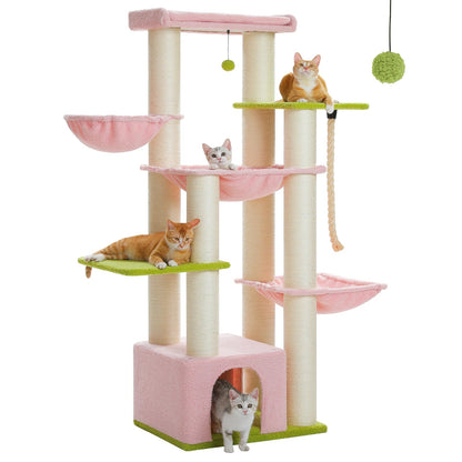 Tall Cat Tree with Condo Hammock Bed Large Cat Sisal Scratching Post for Indoor Multi-Level Cat Tower with Plush Perch Play Ball MonAmiFidèle