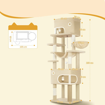 Hzuaneri Cat Scratching Post with Large Platform, 2 Caves, 7 Scratching Posts, Pompoms, Loungers, Hammock MonAmiFidèle