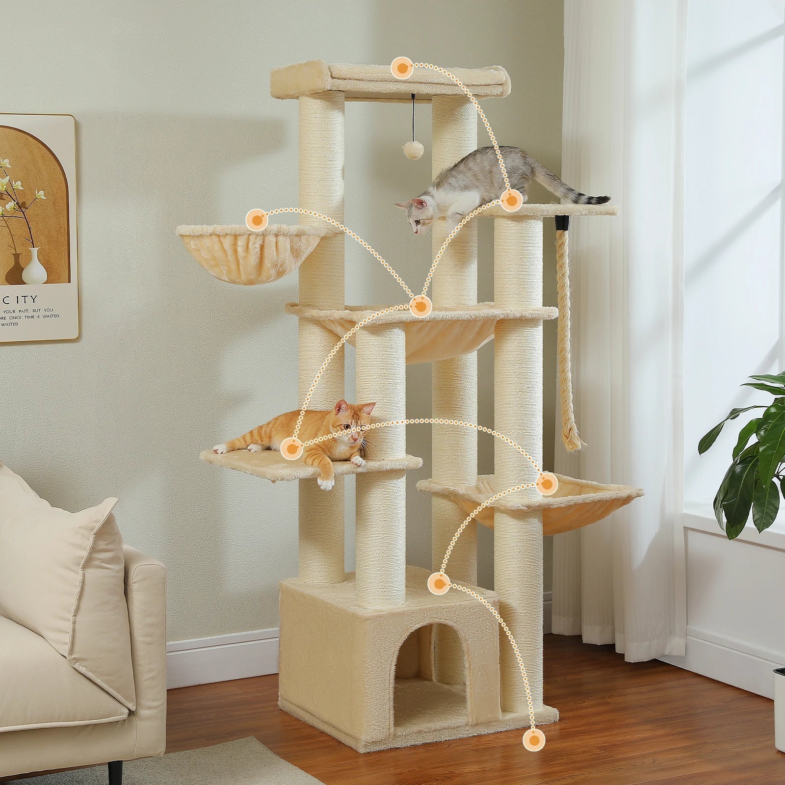Tall Cat Tree with Condo Hammock Bed Large Cat Sisal Scratching Post for Indoor Multi-Level Cat Tower with Plush Perch Play Ball MonAmiFidèle