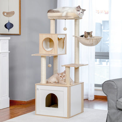 Cat Tree Tower Litter Box Wood Structure Storage with Hammock,Comfy Condo,Anti-Slip Mat,Large Cabinet,Big Platform,Sisal Posts MonAmiFidèle