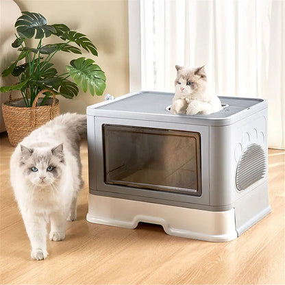 Foldable Cat Litter Box Front Entry & Top Exit Toilet Boxes with Massager Litter Scoop Enclosed Foldable Kitty Toilet MonAmiFidèle
