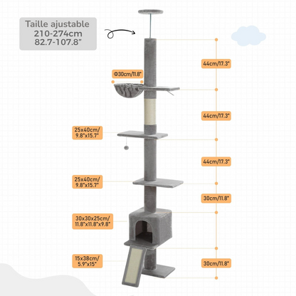 Modern Adjustable 210-274cm Cat Tree Tower Floor-to-Ceiling 5-Tier with Condo Perches Scratching Posts Ladders for Indoor Cats MonAmiFidèle